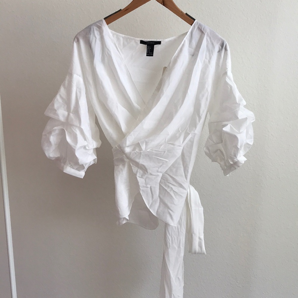 White Wrap top with poofy sleeves